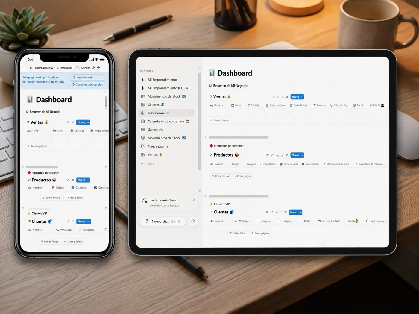 Mockup del Sistema Notion para mi negocio en laptop y celular