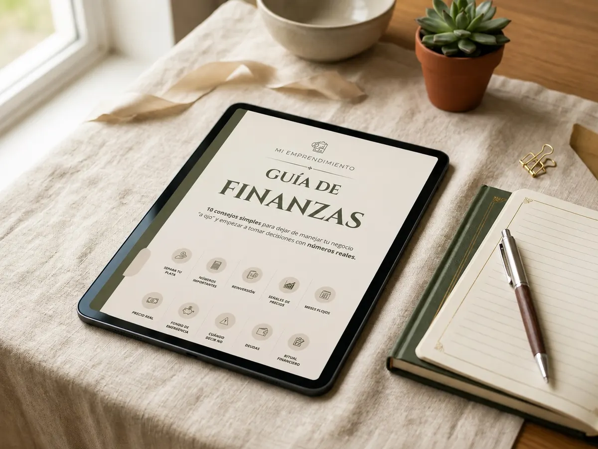 Mockup de la Guía de Finanzas para Emprendedores en tablet y libreta de trabajo