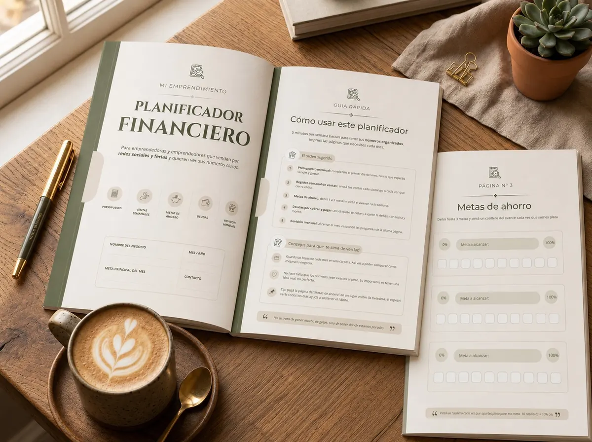Mockup del Planificador Financiero Imprimible sobre un escritorio con lapicera