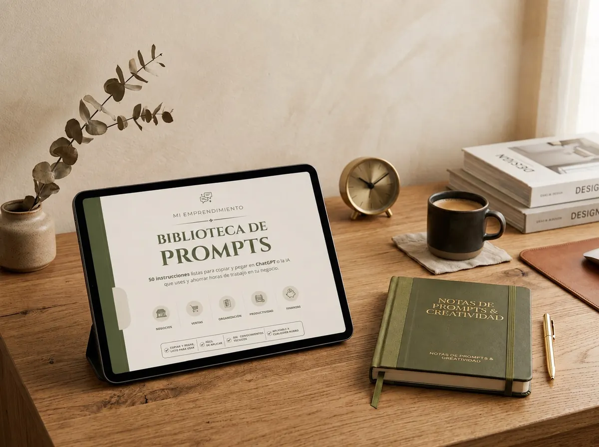 Mockup de la Biblioteca de 50 Prompts para Emprendedores en tablet y cuaderno