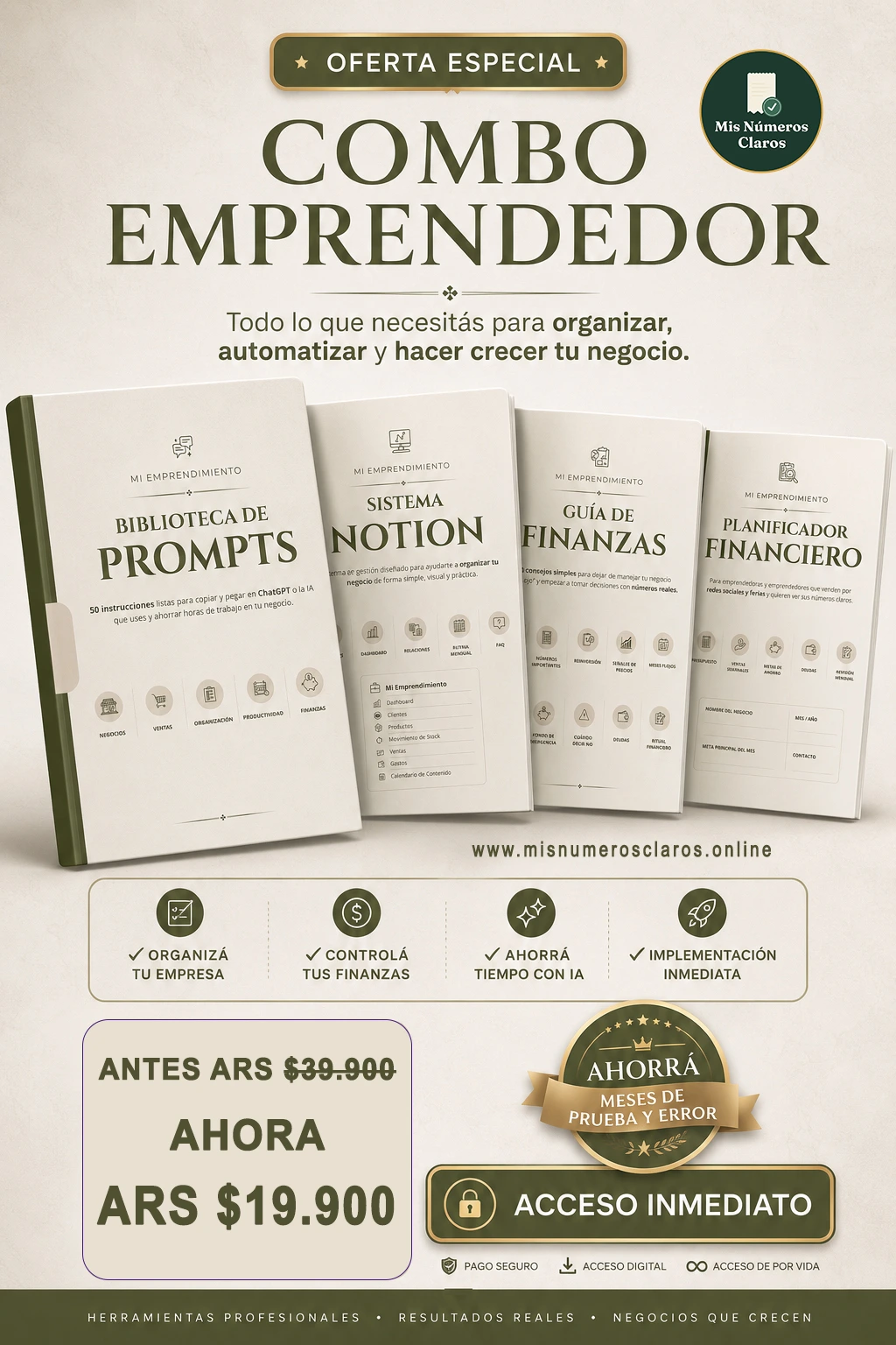 Combo Emprendedor: Biblioteca de Prompts, Sistema Notion, Guía de Finanzas y Planificador Financiero